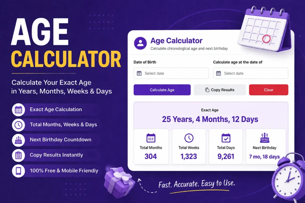 Use our free Age Calculator to calculate your exact age in years, months, weeks, and days. Find your next birthday and get accurate results instantly.